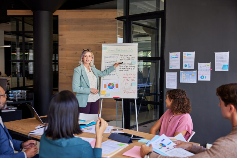 A people leader presenting team goals at a planning session