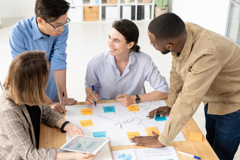 A product team mapping goals and ideas on a shared table